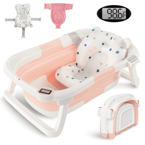 Baby Bathtub, Collapsible Newborn Bathtub for Infant to Toddler 0-36 Months with Soft Cushion+Baby Tub Sling and Thermometer, Portable Travel Bathtub, Foldable Infant Bathtub with No-Slip Feet, Pink