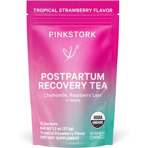 Pink Stork Postpartum Recovery Herbal Tea, Organic Red Raspberry Leaf with Chamomile, Hormone Balance for Women After Labor and Delivery, Strawberry Passion, Hot or Iced, Caffeine-Free, 15 Sachets