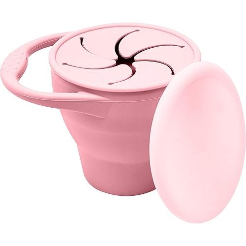 BraveJusticeKidsCo | Snack Attack Snack Cup | Collapsible Silicone Snack Container | Toddler and Baby Snack Catcher Lid (Pink)