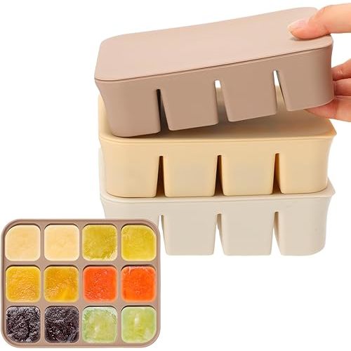 3 Pack Silicone Freezer Tray with Clip 2.8 oz x 12 Cups Baby Food Storage Container Baby Food Freezer Tray for Homemade Baby Food Vegetable Fruit Purees Breast Milk and Snack