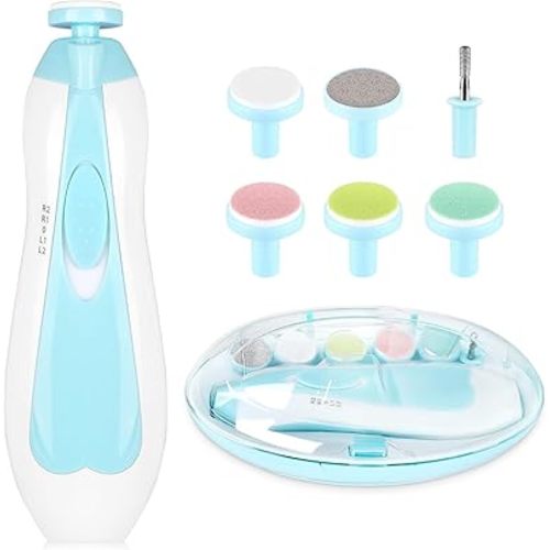 Baby Nail Clippers Baby Safe Electric Trimmer Nail File Kit for Newborn Infant Toddler Kids Toes and Fingernails - Care, Polish and Trim - 6 Grinding Heads and LED Light, Blue