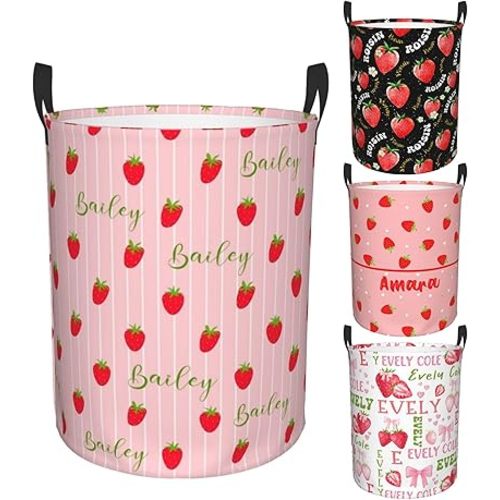 Personalized Strawberry Laundry Hamper Gifts, Custom Strawberry Laundry Basket With Name for Kids Boys Girls Adult, Collapsible Baby Laundry Hamper, Dirty Clothes Hamper With Handles 16.5x13.8 Inch