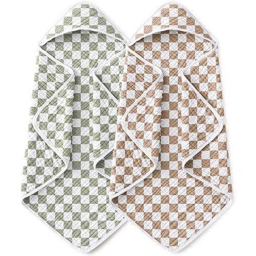 Yoofoss Hooded Baby Towels for Newborn 2 Pack 100% Muslin Organic Cotton Baby Bath Towel with Hood for Babies, Infant, Toddler and Kids, 32x32Inch, Soft and Absorbent, Green Brown Checkered