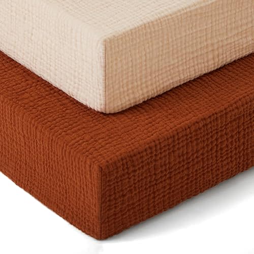 Pro Goleem 2 Pack Muslin Crib Sheets for Boys and Girls, 100% Cotton Soft Breathable Neutral Fitted Baby Bed Sheets Set for Standard Crib Mattress & Toddler Mattress 52"x28", (Brown&Beige)