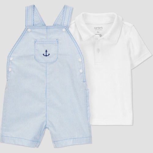 Carter's Just One You®️ Baby Boys' Striped Anchor Shortalls Set - Blue/white 6m: Cotton Polo Shirt & Shortall, Snap Closure