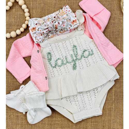 Newborn Girl Coming Home Outfit, Baby Announcement Set, Embroidered Personalized Name Sweater Knit Romper, Jacket Butterfly Bow Booties