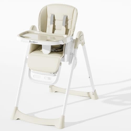 Babilous High Chair, Foldable High Chairs for Babies and Toddlers with Removable Tray, Height Adjustable Feeding Chair, Adjustable Backrest and Footrest, Beige