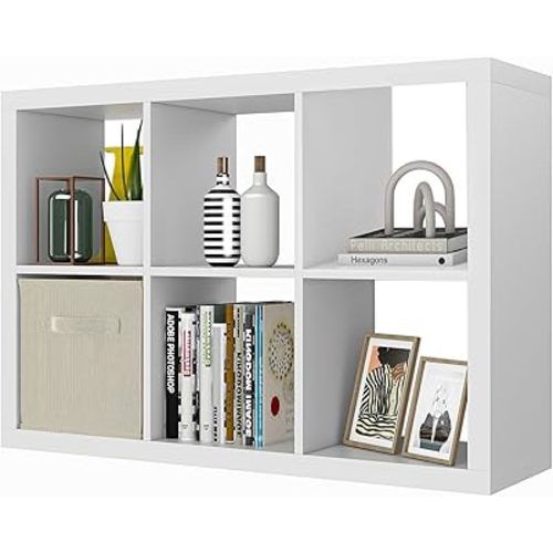 furtble Bookshelf with Storage Bin, 6-Cube Storage Organizer, Modern Wood Open Bookcase, Multifunctional Display Cubicle Shelf for Living Room, Bedroom, Home Office, White
