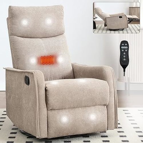 Rocker Recliner Chair for Adults, Swivel Rocker Recliner with Massage and Heat, Adjustable Glider Recliner Nursery Chair with Black Metal Base, Small Recliners for Small Spaces, Living Room (Khaki)