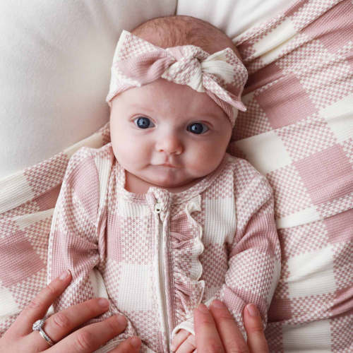 Big Check Bamboo Waffle Zipper Ruffle Footie | Rosy