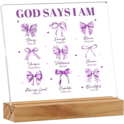 Religious Gifts for Women Girls, God Says I Am Purple Bow Acrylic Sign, Positive Affirmations Baptism Christian Gifts for Teens, Bible Verse Plaque Desk Art Room Decor