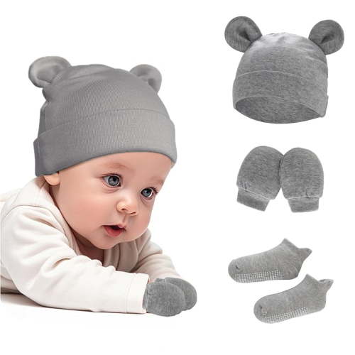 Yabanana Newborn Fetal Hat Scratch Resistant Gloves Foot Cover Baby Hat Hand and Foot Cover Baby Hat for 0-6 Months, Gray