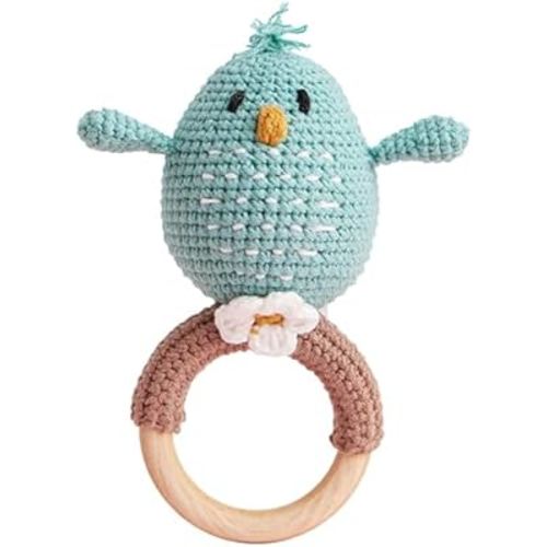 Chippi & Co Crochet Baby Rattle, Crochet Baby Toys, Stuffed Baby Doll, Organic Wooden Newborn Toys, Knitted Stuffed Animals for Babies Boy, Girl, Babies First Easter for Infants (Bobo The Blue Bird)