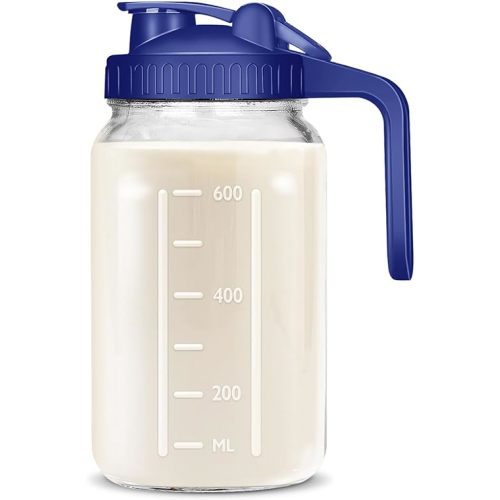 Mason Jar Pitcher, 32OZ Breast Milk Pitcher Double Leak Proof with Pour Spout Handle, Wide Mouth Iced Tea Pitcher for Fridge, Creamer Container for Coffee, Sun Tea juice(Blue,1 Pack)