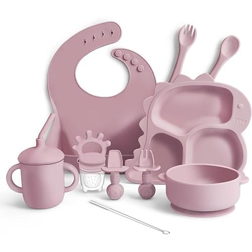 Baby Led Weaning Supplies, 10PCS Silicone Feeding Set for Girl - Toddler Self FeedingUtensils with Dinosaur Plate, Bib, Cup, Suction Bowl, Forks, Spoons, Fruit Feeder