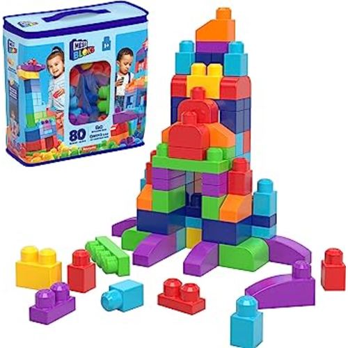 MEGA BLOKS Fisher-Price Toddler Block Toys, Big Building Bag with 80 Pieces and Storage Bag, Blue, Gift Ideas for Kids Age 1+ Years