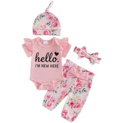 Hello World Newborn Outfit Baby Girl Going Home Outfit Ruffle Ribbed Romper Top Floral Pants Set Cute Summer Clothes