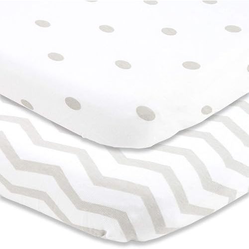 Cuddly Cubs Pack and Play Sheets Fitted in Dots & Chevron 2 pack – for Graco Pack n Play Playard – 2 Pack – Snuggly Soft Jersey Cotton Mini Crib Mattress Sheets Set for Baby Boy, Girl – Grey Polka Dots, Chevron