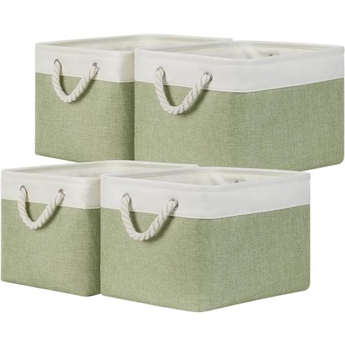 Temary Fabric Storage Baskets 4Pack Storage Bins Decorative Basket for Gift, Clothes Bin with Handles, Rectangle Baskets for Storage, Blankets(White&Green,15x11x9.5 inch)