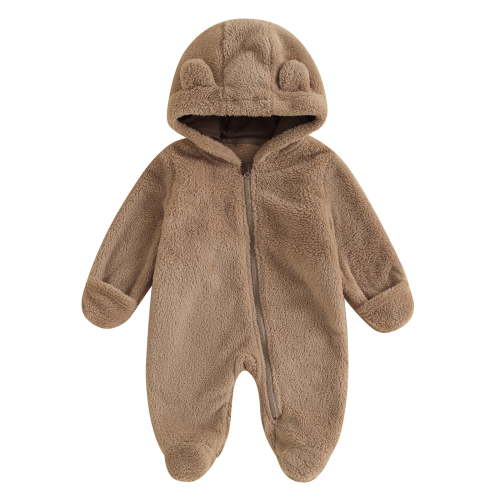 Newborn Baby Plush Jumpsuit, Long Sleeve Hooded Zipper Romper Fleece Winter Warm Clothes for Boys Girls
