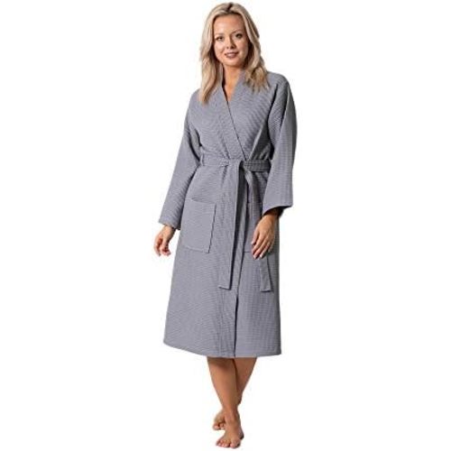 Turkish Linen Waffle Knit Lightweight Kimono Spa & Bath Robes for Women - Quick Dry - Soft (Gray, Large)