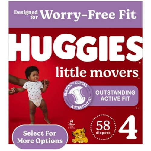 Huggies Little Movers Size 4 Baby Diapers, 58 Ct, Leak-Free, Comfortable, Fast-Absorbing
