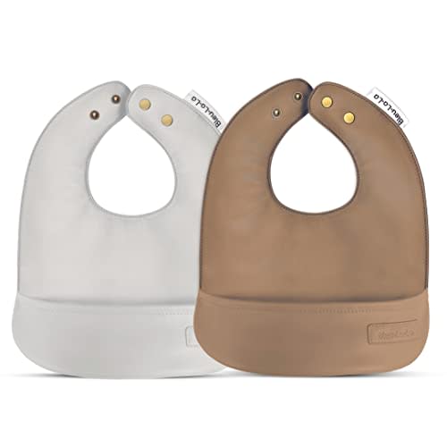 Bleu La La Set of Vegan Leather Buttery Soft Silicone Free Baby Bibs with Pocket for Feeding Drooling and Eating - Easy Clean