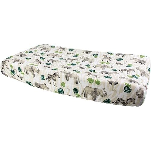 Bebe au Lait Premium Muslin Changing Pad Cover - Elasticized Fit, Safety Strap Holes, 2-Layer Open-Weave, 100% Cotton Muslin, Fits Standard Baby Changing Pad up to 36" X 18" X 6"- One Size, Jungle