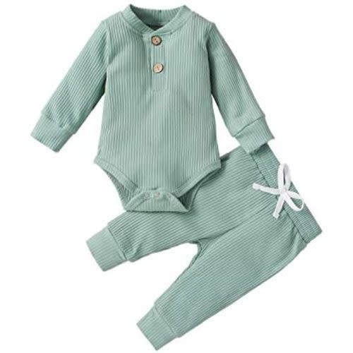 CIYCUIT Newborn Baby Boy Outfits Long Sleeve Solid Color Ribbed Knitted Romper Pants 2Pcs Gender Neutral Baby Clothes