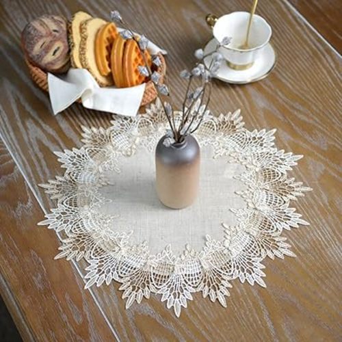 ARTABLE Grey Lace Doily Linen Table Topper Scarf Placemat Round Small Coffee Farmhouse Table Cover Rustic for Kitchen Home Dining (Stone Grey, 15 Inch Round)