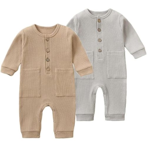BeiVSlley Newborn Baby Boy Girl 2 Pack Button Solid Romper Infant Long sleeve Knit Cotton Footless Outfits Clothes