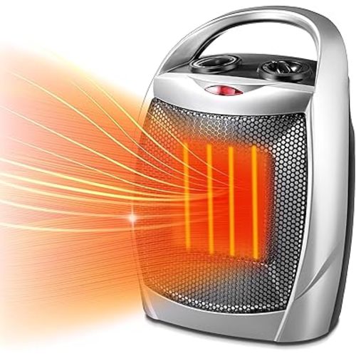 Kismile Small Electric Space Heater,Portable Ceramic Space Heater Fan for Office with Adjustable Thermostat and Overheat Protection ETL Listed for Kitchen, 750W/1500W(Silver)