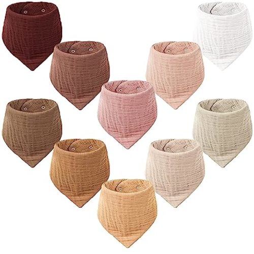 Konssy Muslin Baby Bibs 10 Pack Baby Bandana Drool Bibs 100% Cotton for Unisex Boys and Girls, Soft Absorbent Set for Teething and Drooling