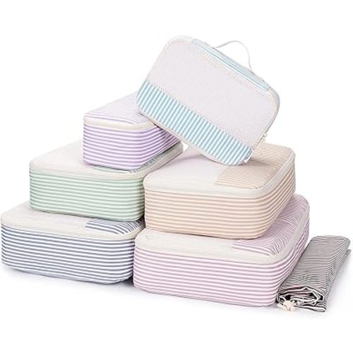 Narwey 7 Set Striped Packing Cubes for Travel Carry on Suitcase Luggage Organizer Bags for Kids Women Men, Durable Packing Organizers Bag, Travel Essentials Accessories (Stripe Combined)