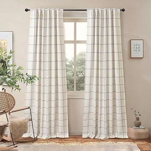 DriftAway 2 Panels 100% Blackout Windowpane Plaid Linen Curtains Double Layer Drapes for Bedroom 84 Inches Long Farmhouse Thermal Insulated 3.25 Inch Rod Pocket Back Tab for Living Room Black