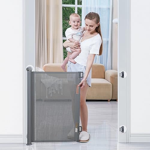 BabyBond Retractable Baby Gates, Punch-Free Install Baby Gate Extra Wide 71” X 33” Tall for Kids or Pets Indoor and Outdoor Dog Gates for Doorways, Stairs, Hallways, Grey