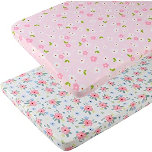 Pack n Play Playard Fitted Sheets 2 Pack Set for Baby Girl Soft Stretchy Jersey Knit Portable Mini Crib Mattress Cover, Pink Floral