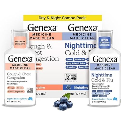 Genexa Daytime Cough & Congestion + Nighttime Severe Cold & Flu Combo Pack, Dye Free, 0% Artificial Additives, Liquid Multi-Symptom Cough, Cold, & Flu, Organic Blueberry Flavor, 12 fl oz (2 Pack)