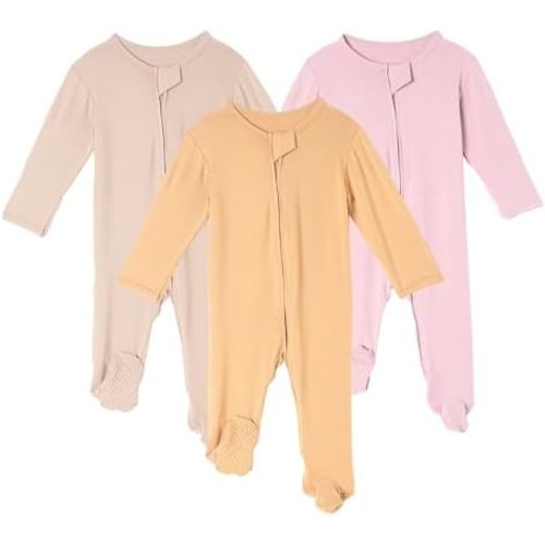 DEFAHN 3Pcs Viscose from Bamboo Baby Footless Pajamas with Mittens Double Zipper Jumpsuit Long Sleeve Jumpsuit 0-24Month