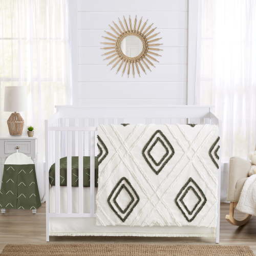 Sweet Jojo Designs Diamond Tuft Hunter Green Ivory Off White 4 Piece Crib Bedding Set