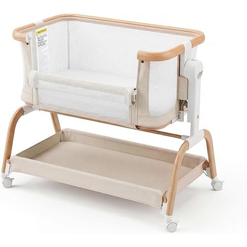 Paulmele 3 in 1 Baby Bassinet,Rocking Bassinets Bedside Sleeper with 6 Adjustable Heights,Breathable Full-Mesh,Comfortable Mattress & Lockable Wheels,Stable Rolling Portable Crib for Newborns(Beige)