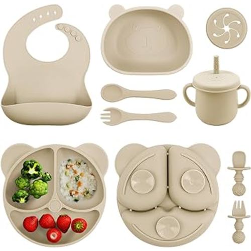 Baby Led Weaning Supplie,Silicone Baby Feeding Set with Suction Plate and Bowl,Toddler Self Feeding Essentials with Spoons Forks Bib Sippy Cup,Eating Utensils for 6+ Months (10 Pcs)