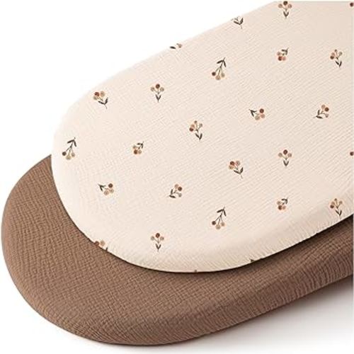 Konssy 2 Pack Muslin Fitted Bassinet Sheets for Baby Girl Boy, Soft Breathable Baby Bassinet Sheets Fit for Baby Bassinets, Cradle, Moses Basket Oval Rectangle Pad/Mattress (Brown,Berry)