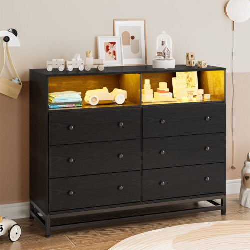 Ebern Designs 6 Drawer Double Dresser Tv Stand, Bedroom Dresser With Power Outlet & Led Light, Wood Dresser For Nursery, Living Room, Hallway, 47.2''W×15.8''D×36.2''H & Reviews | Wayfair