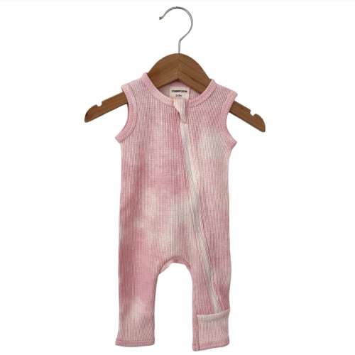 Organic Waffle Sleeveless Zip Romper, Ballet Pink Tie Dye