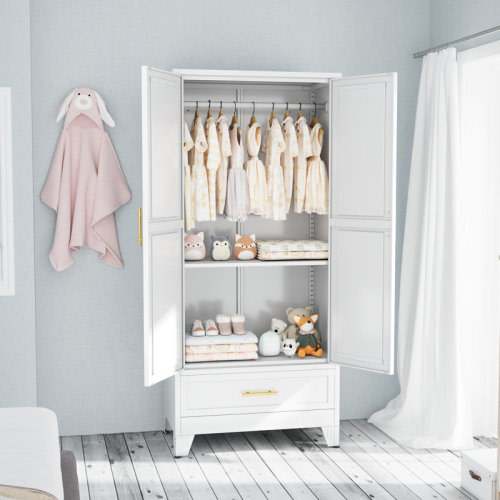 Winston Porter Modern Freestanding Metal Clothing Wardrobe Aromire with one Drawer and Clothes Rail | Wayfair