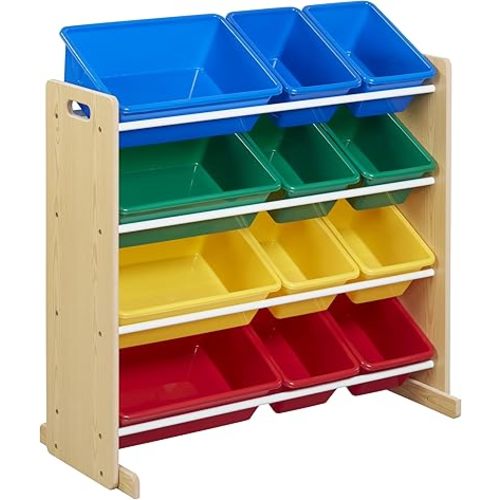 ECR4Kids 4-Tier Organizer with 12 Bins, Toy Storage, Dark Natural/White