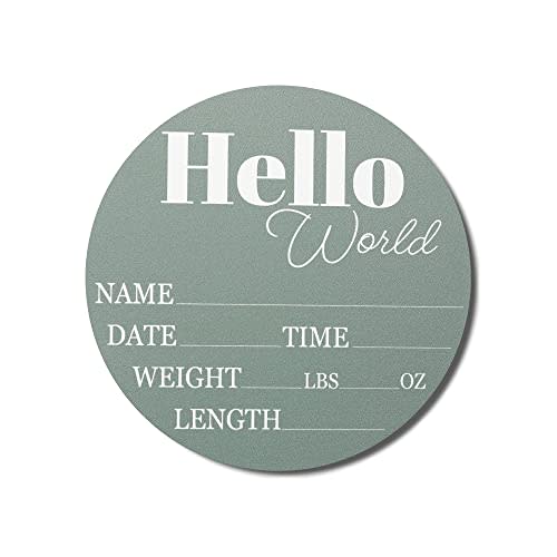 Hickory Hollow Designs - Baby Announcement Sign for Newborn Boys and Girls (Color Bases) - Hello World Nursery Decor Sign & Photo Prop for Babies Made of Birch Wood - 6" Circle Board (Sage)
