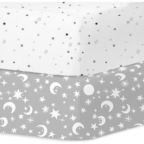 Little Grape Land Crib Sheets for Boys and Girls, 2pk Baby Crib Fitted Sheet for Standard Size Crib and Toddler Mattress, Super Soft Baby Sheet (Star & Moon)