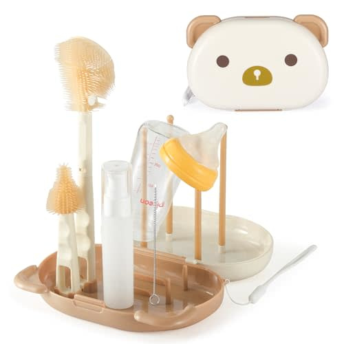VOOWO Baby Bottle Brush with Drying Rack, Portable Travel Bottle Cleaner Kit, Silicone Baby Bottle Cleaner Brush Set with Baby Bottle Brush for Cleaning, Nipple Brush, Straw Cleaner (White)